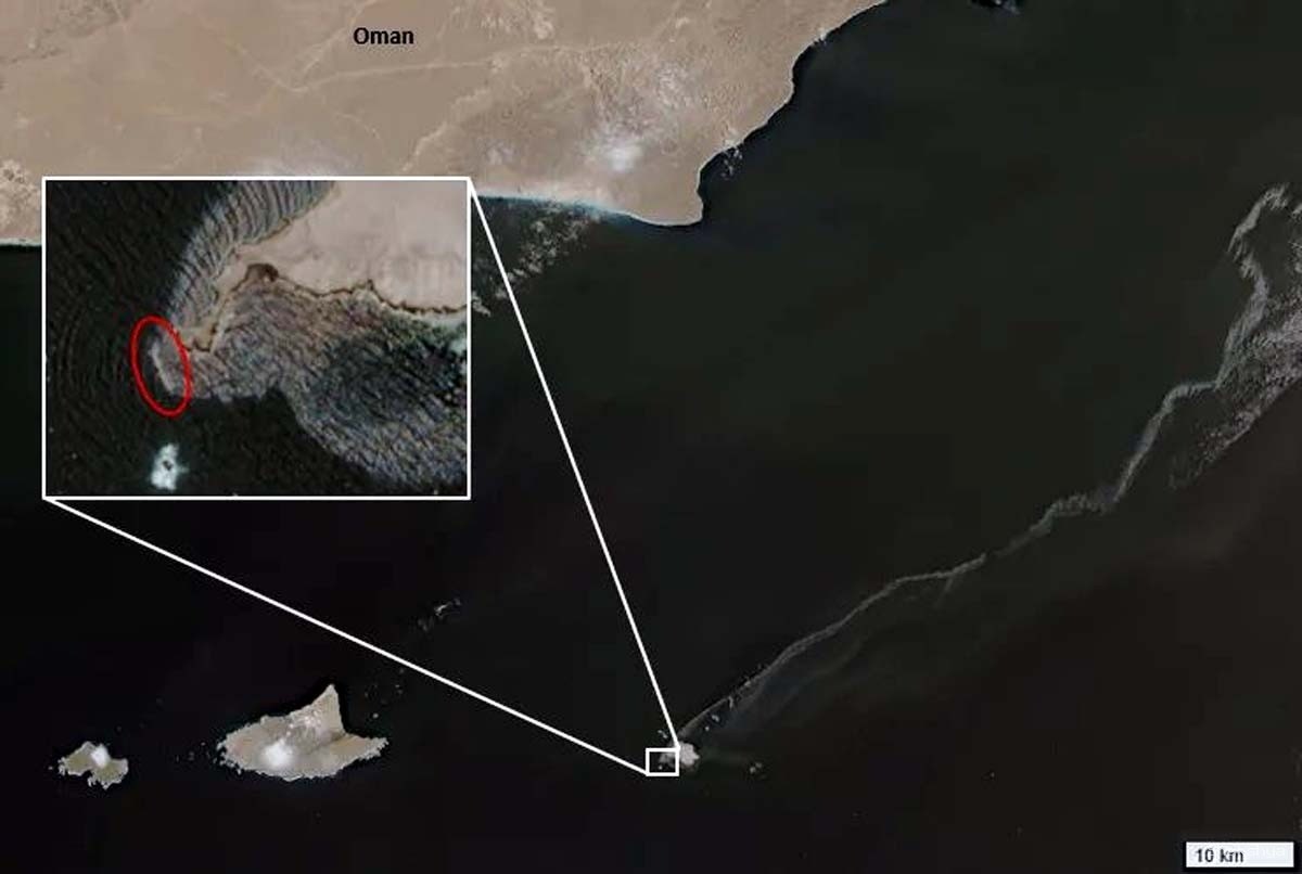 Satellite image of oil tanker spill off at the sea coast of Oman 